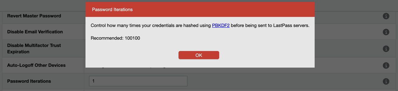 LastPass account settings showing Password iterations field set to dangerously low value of 1 PBKDF2 iteration