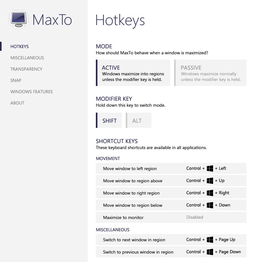 MaxTo options dialog mockup showing hotkey configuration interface with modern flat design
