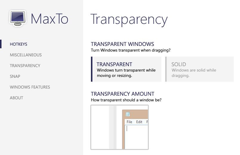 Options dialog transparency settings with visual preview and slider control for window opacity adjustment