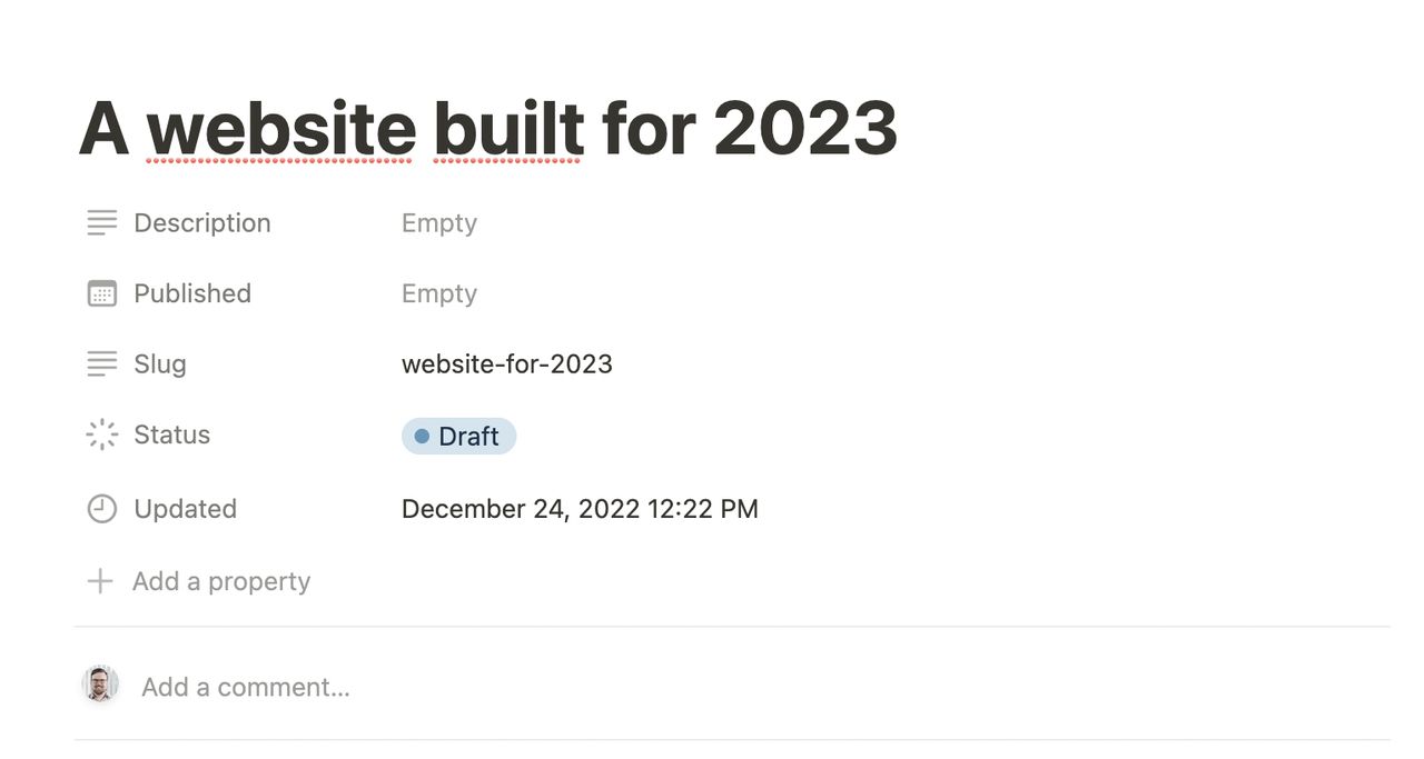 Notion database interface showing blog post editing view with properties sidebar and content editor