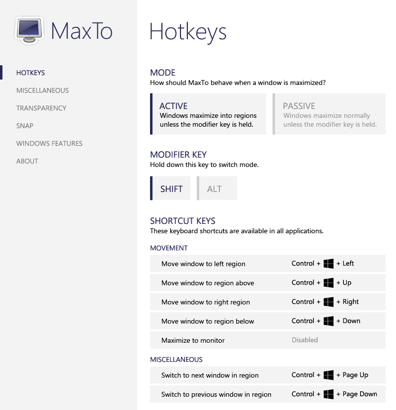 The hotkeys section of the options dialog.
